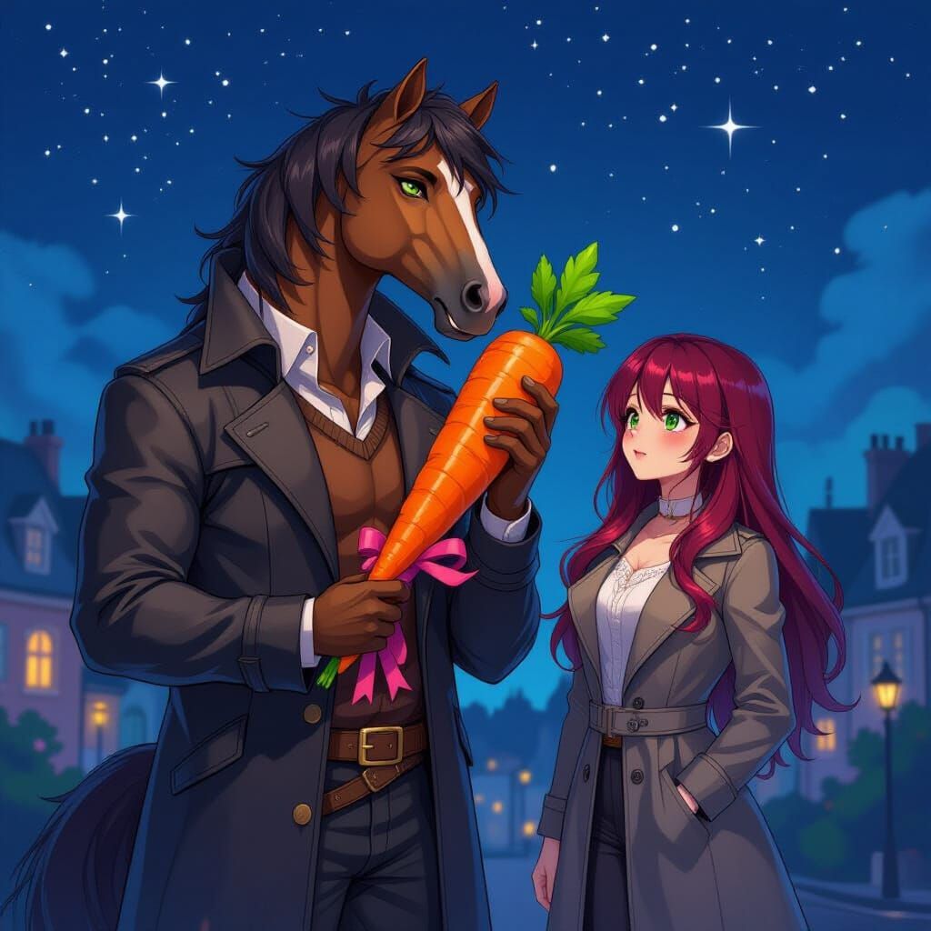 Centaur Holds Carrot for Woman Under Starry Night Sky