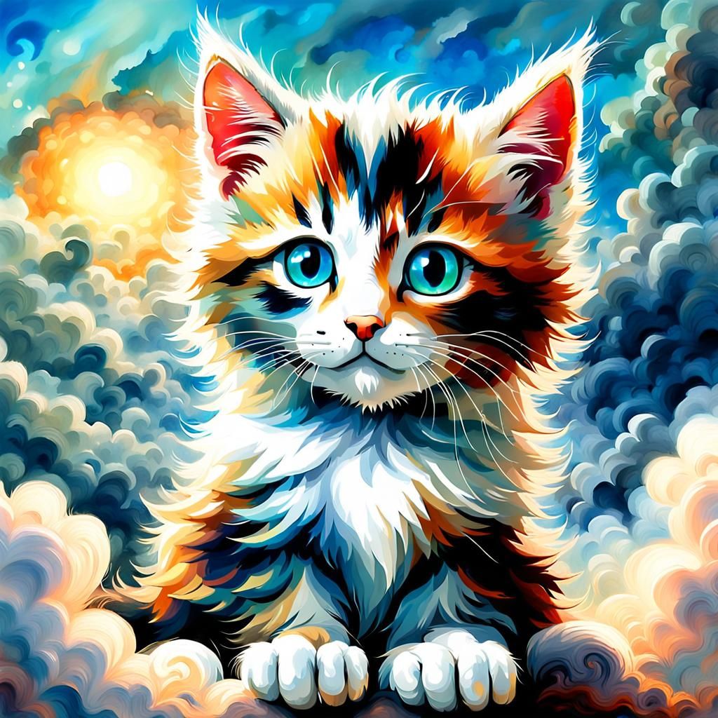 Calico Kitten with Long Hair on Fluffy Cloud