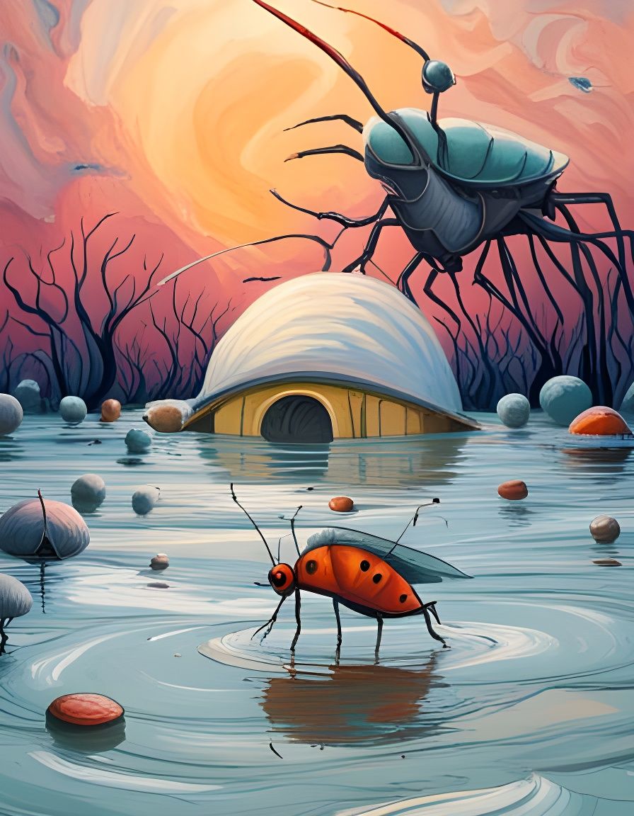Surreal Flood Scene with Giant Insects