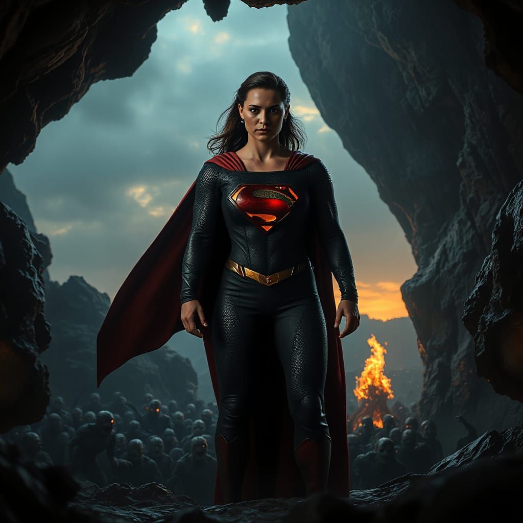 Towering Female Superman in Dark, Fiery Glory