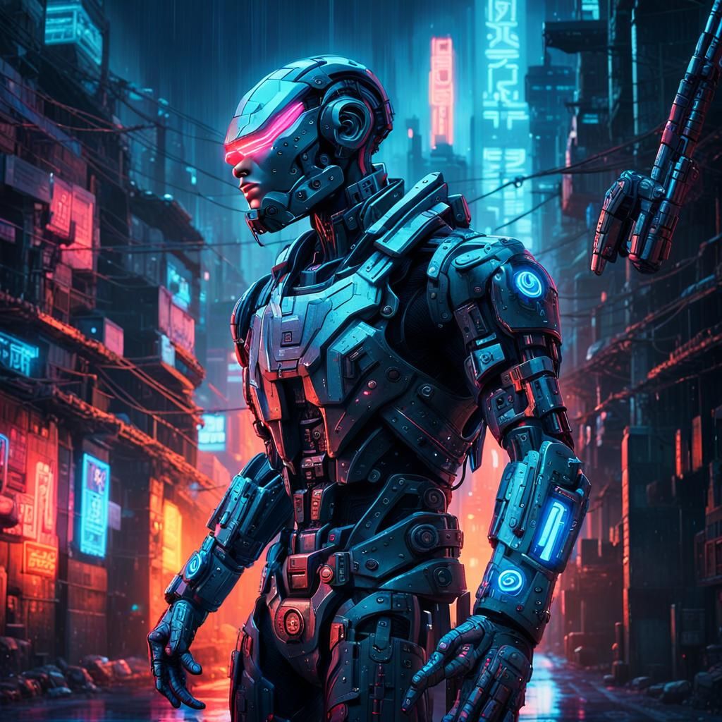 Cyberpunk Cyborg in Rainy Alleyway, Neon Lighting