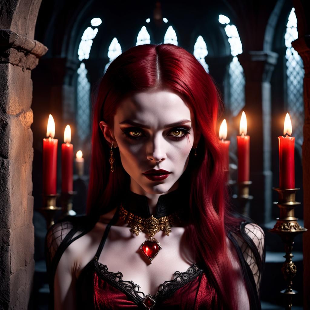 Attractive Vampire Girl in Candlelit Crypt