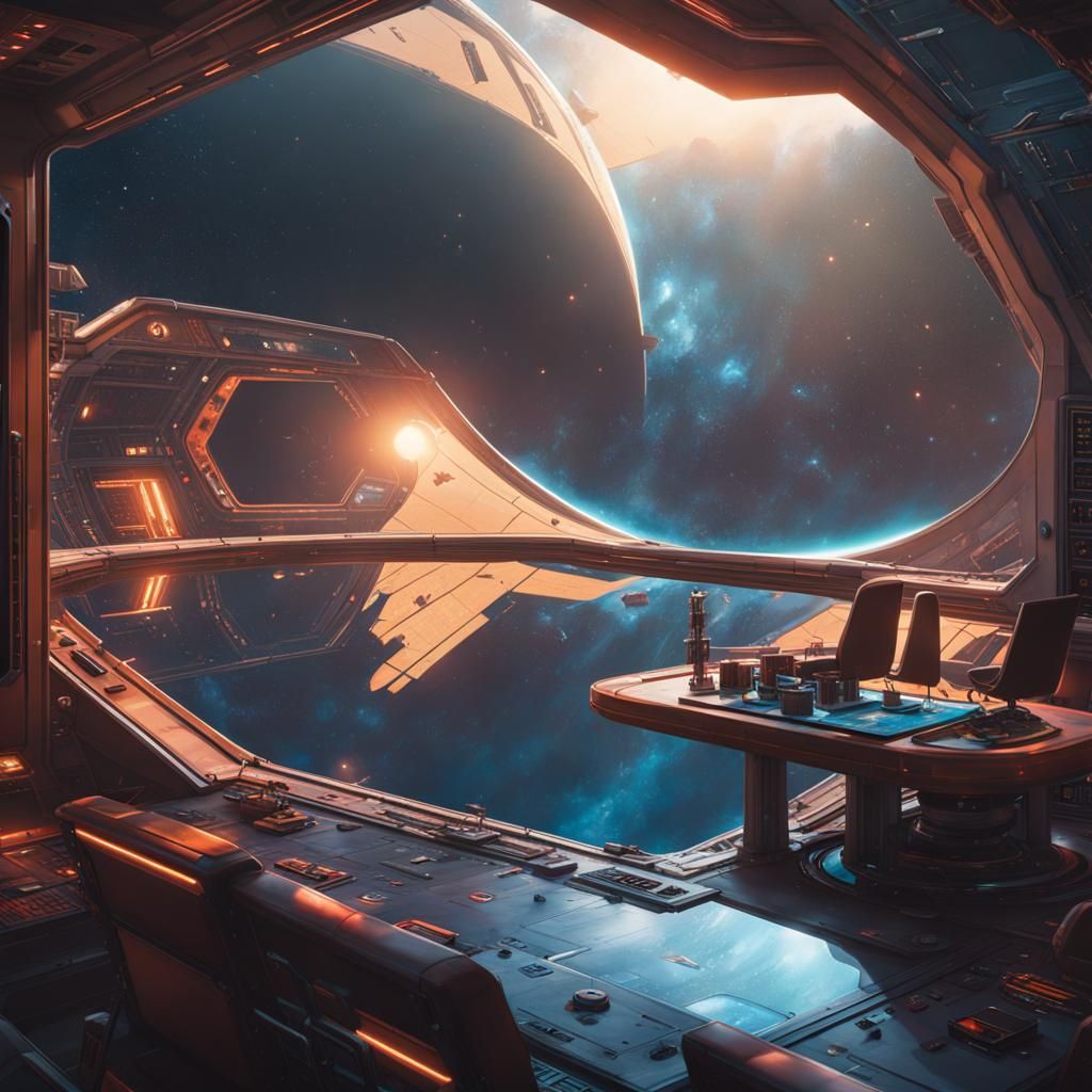 Futuristic Spaceship Interior with Galaxy View as Digital Ar...