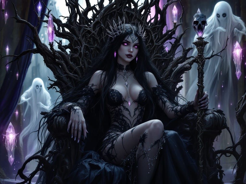 Gothic Fairy Queen Seated on Throne of Twisted Branches