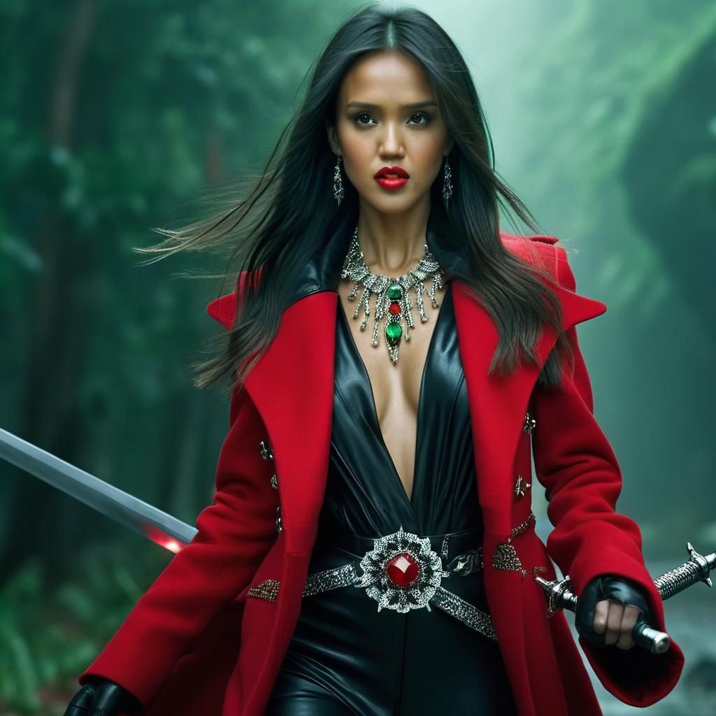 Cinematic Portrait of Woman with Jeweled Sword