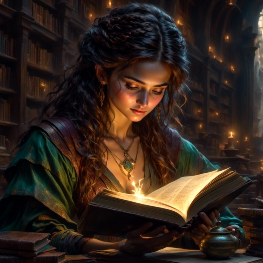 Sorceress Reading Spellbook in Arcane Library