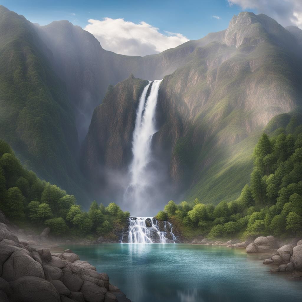 Waterfall Cascade in Mountain Landscape