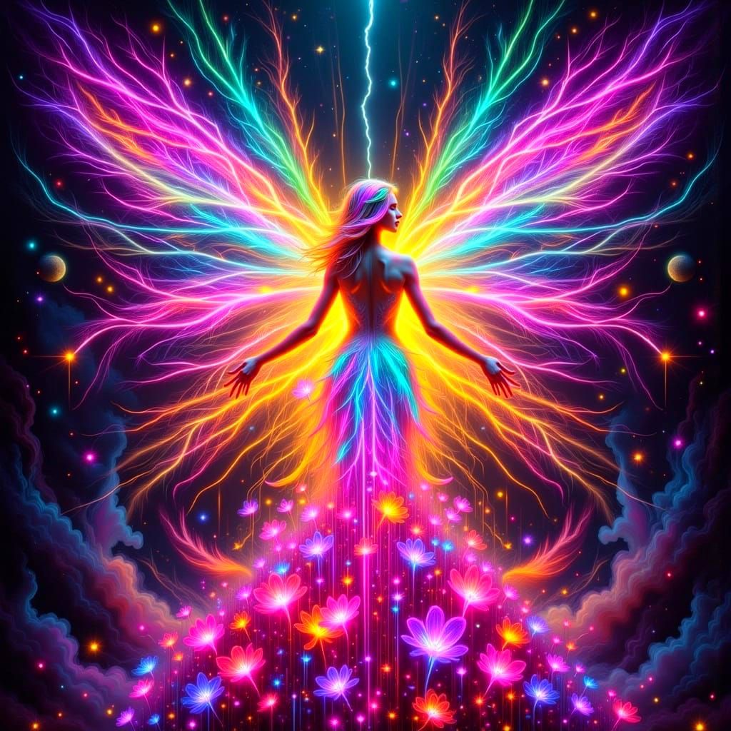 Vibrant Fairy Soars Through Neon Dreamscape