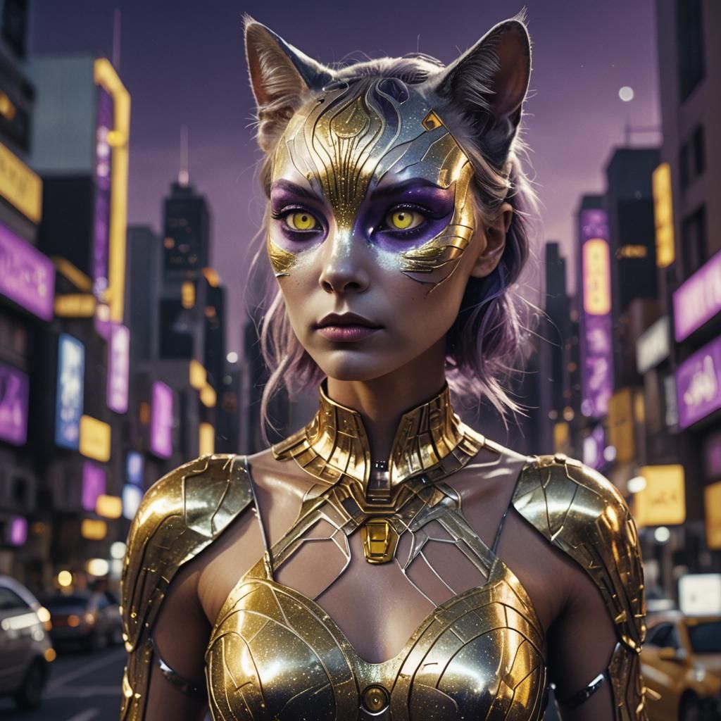 Futuristic Cat-Woman in Cyberpunk Cityscape