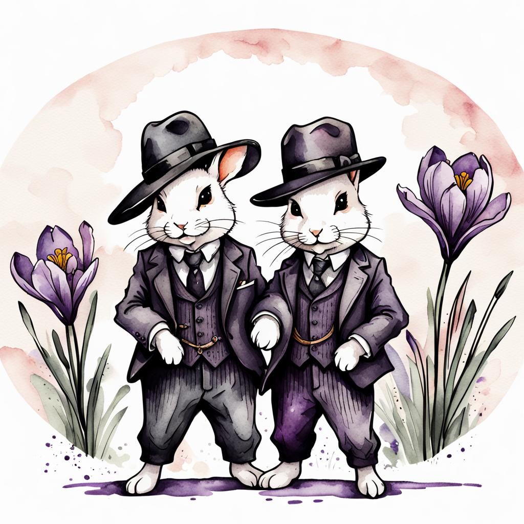 Rabbits as 1920s Gangsters in Watercolor