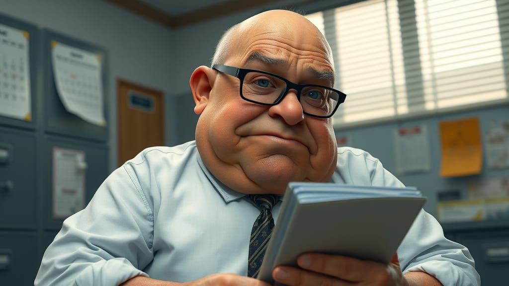 Overweight Civil Servant in Dimly Lit Office, Pixar Style