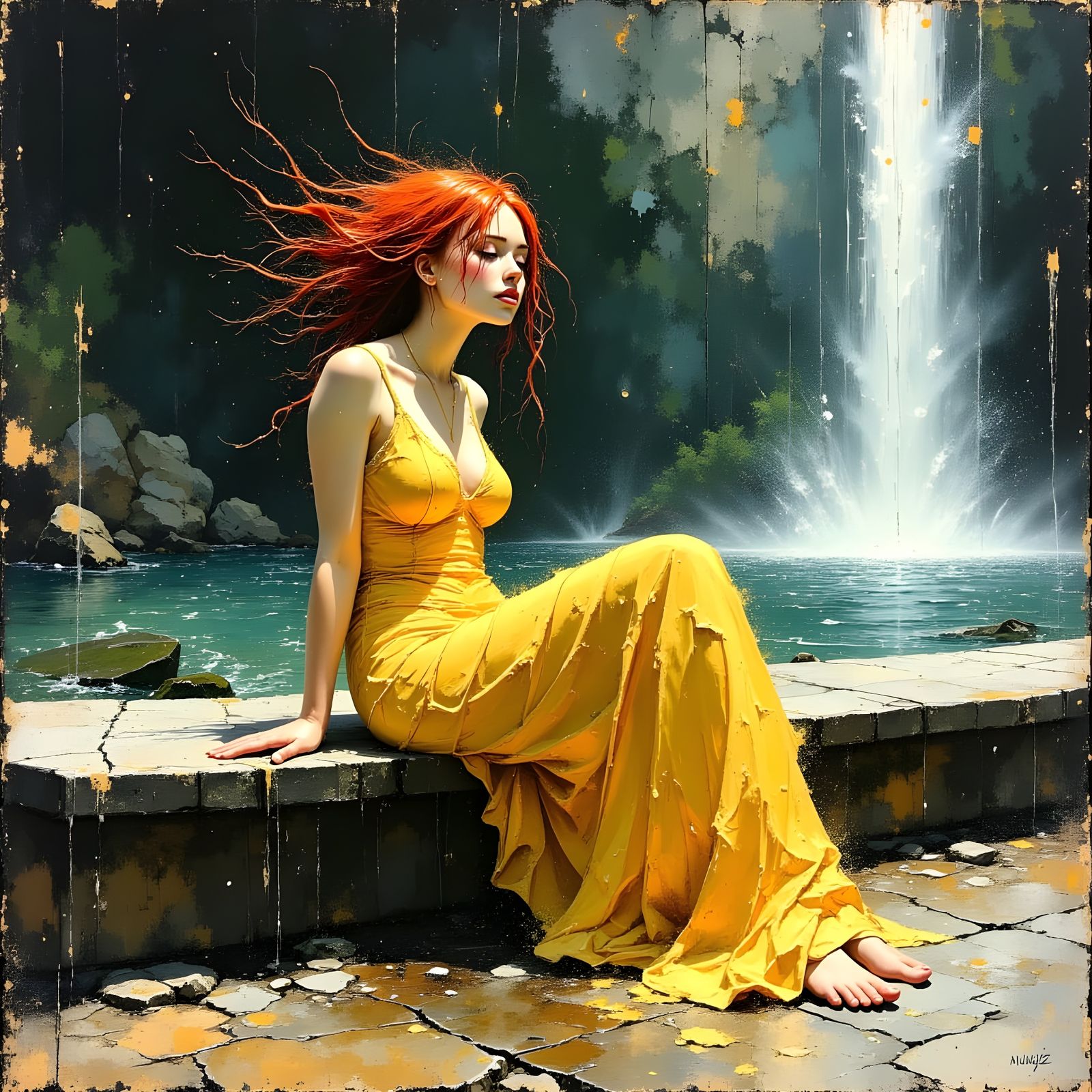 Norse Sun Goddess Laughing by Water Fountain