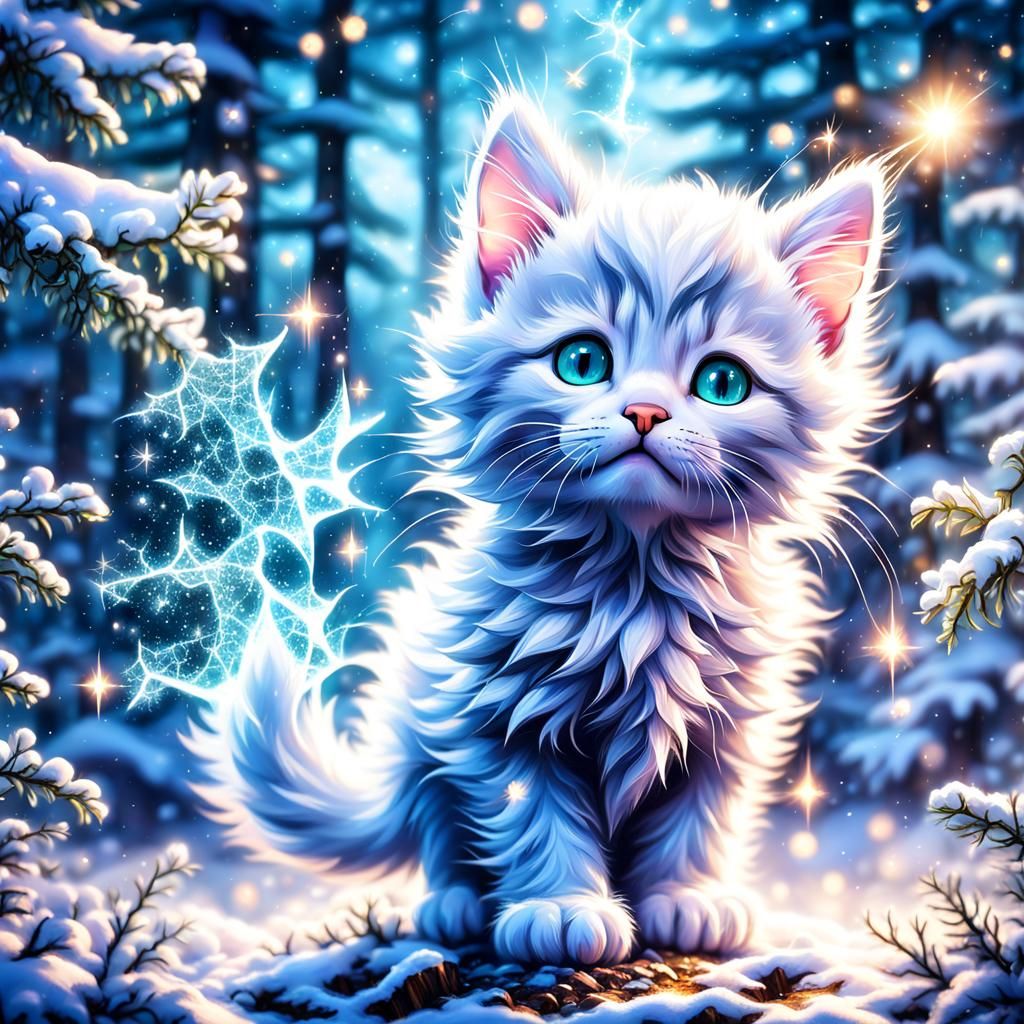 Cute Kitten in Winter Forest: 3D Digital Art