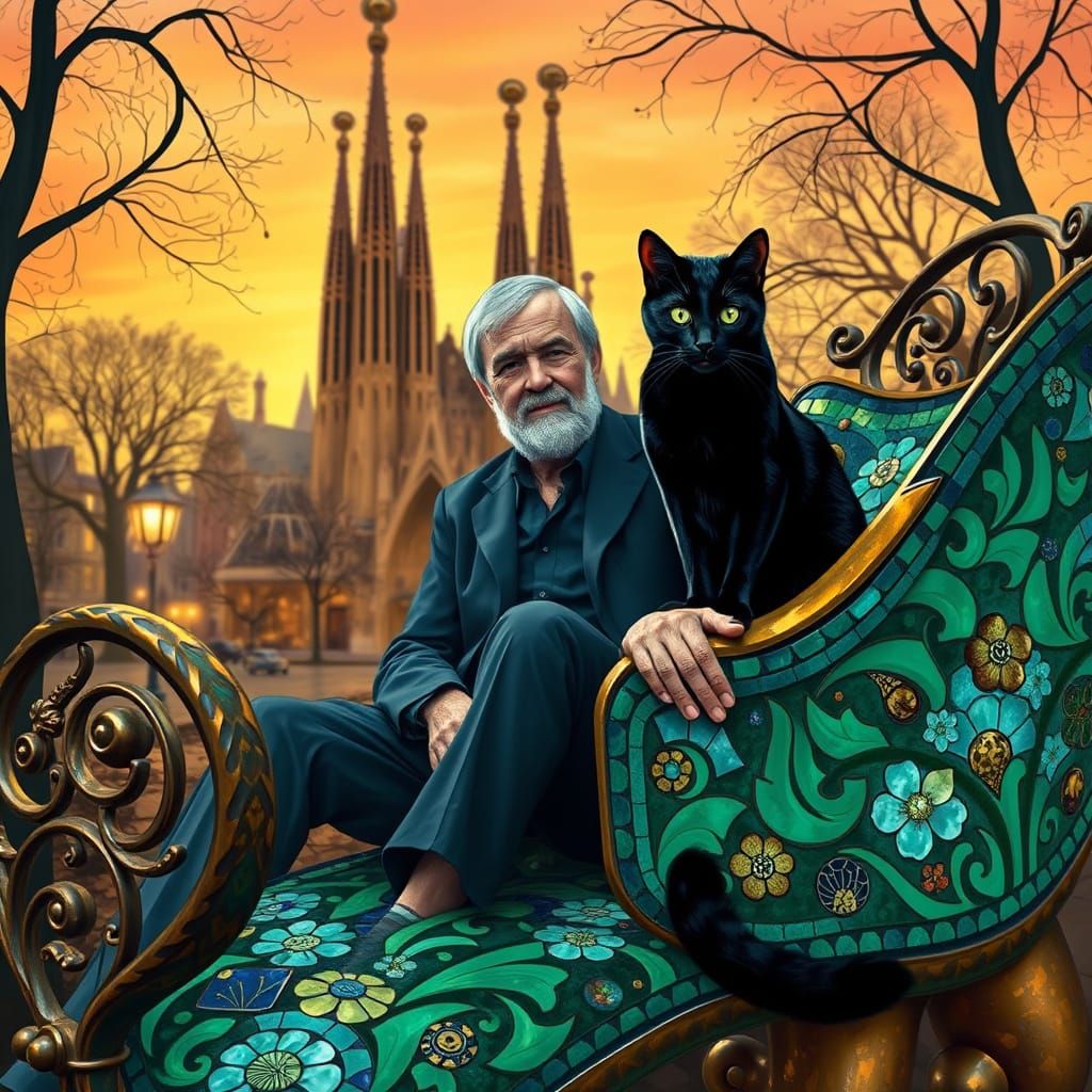 Gaudi on a bench make out of Gaudistyle mosaic with a black ...