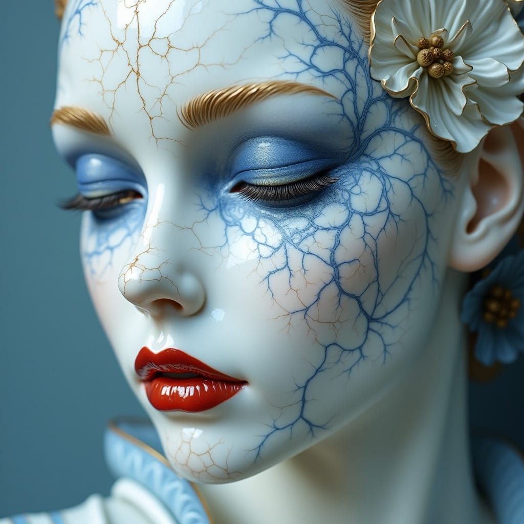 Ethereal Porcelain Goddess with Floral Patterns