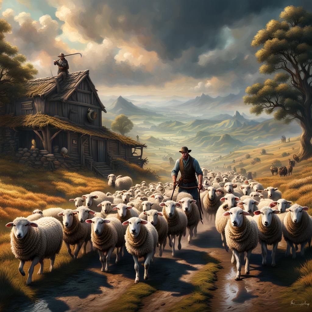 Cinematic Farm Scene: Herding Sheep in Digital Art