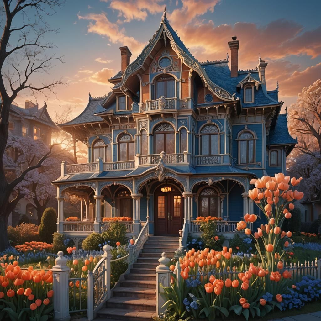 Whimsical Tulip House in Fantasy Landscape, Digital Painting