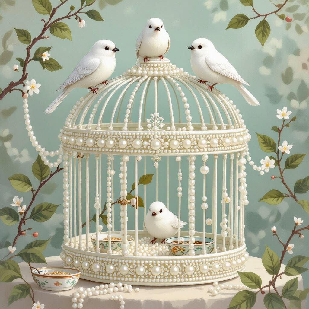 Pearl Birdcage with Tiny Birds