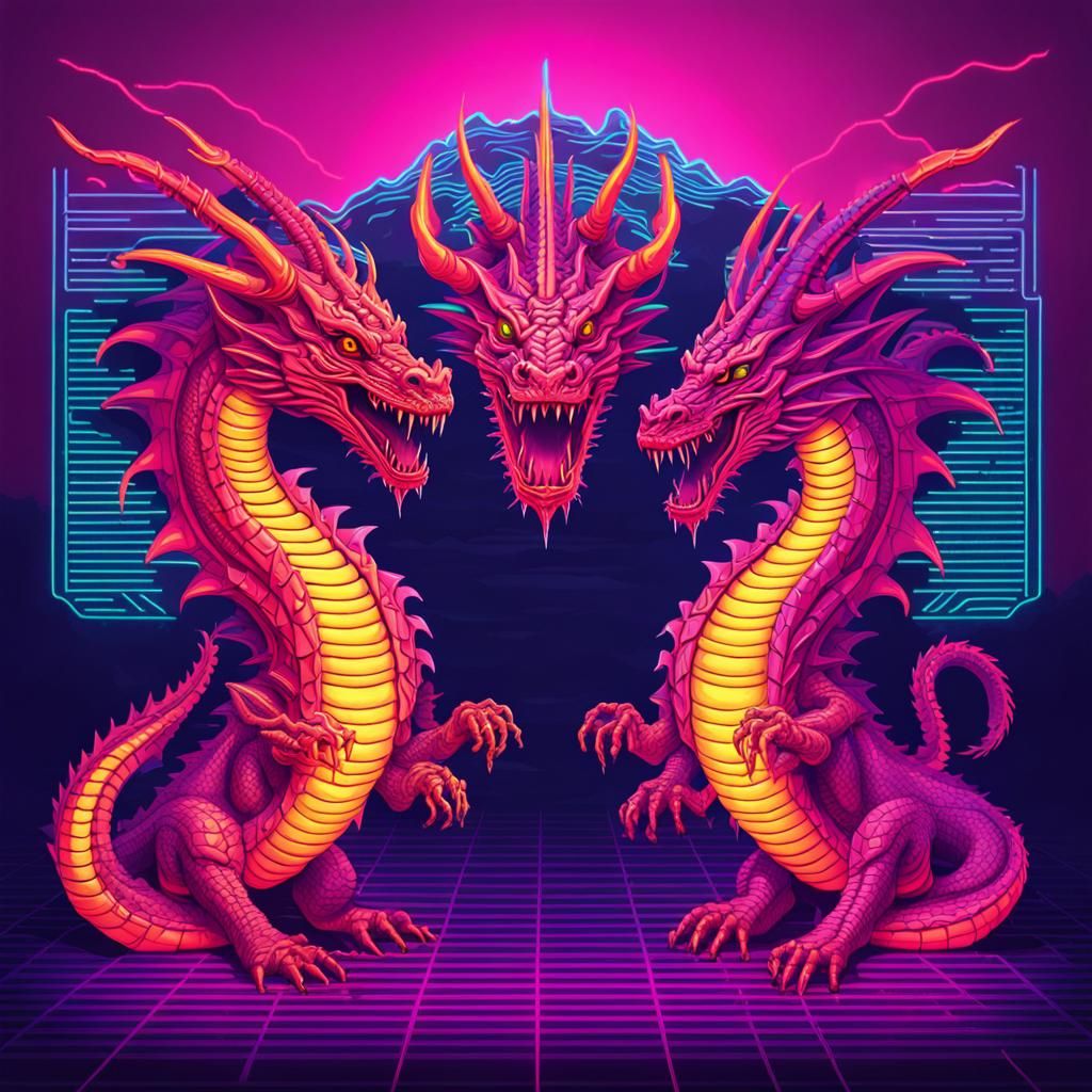 Three-Headed Dragon in Synthwave Neon Retro Style