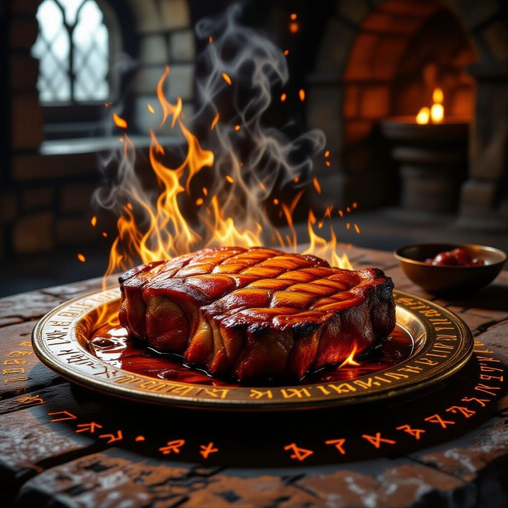 Ember-Red Roasted Meat on Ancient Table