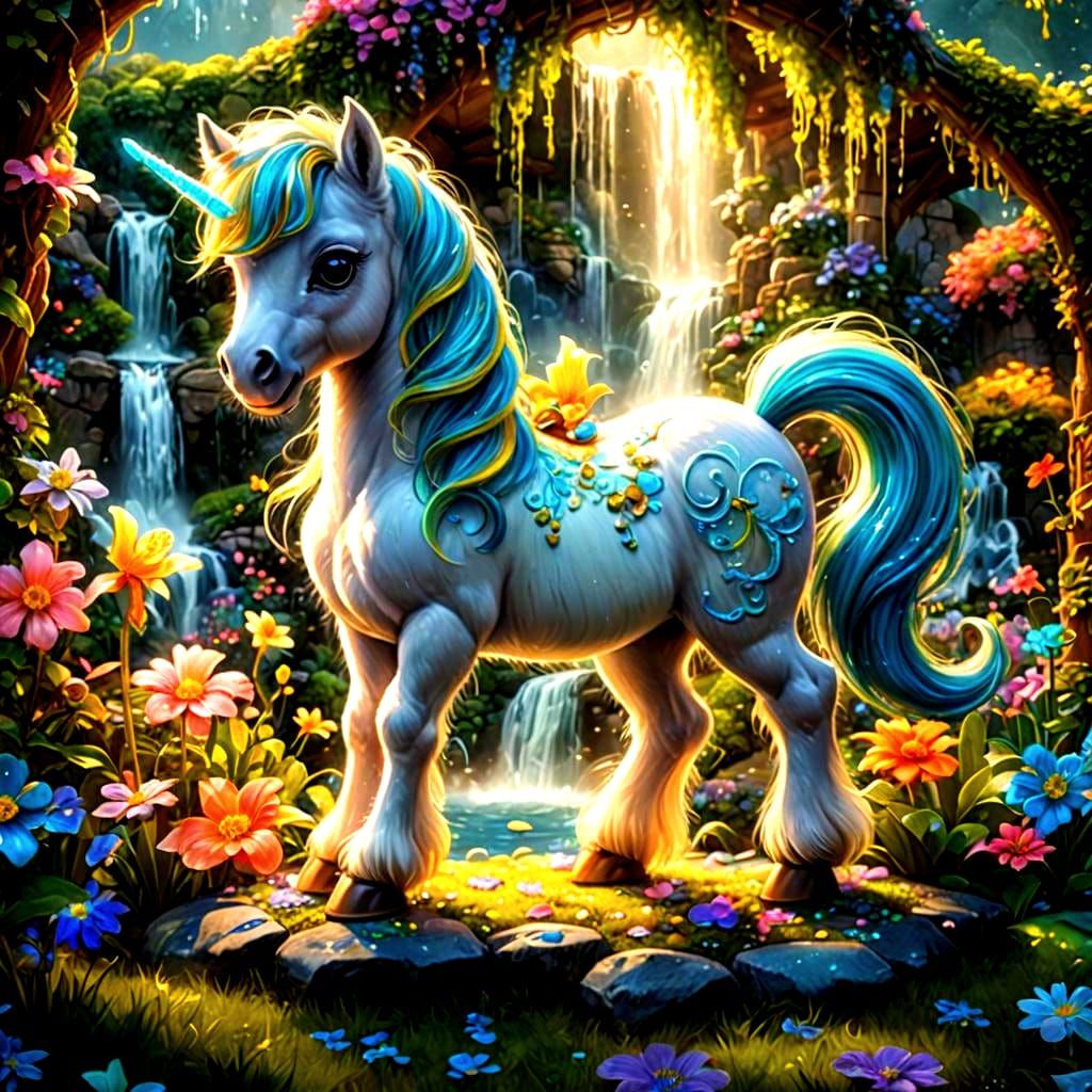 Chibi Pony with Bioluminescent Waterfall in Candy Art Style
