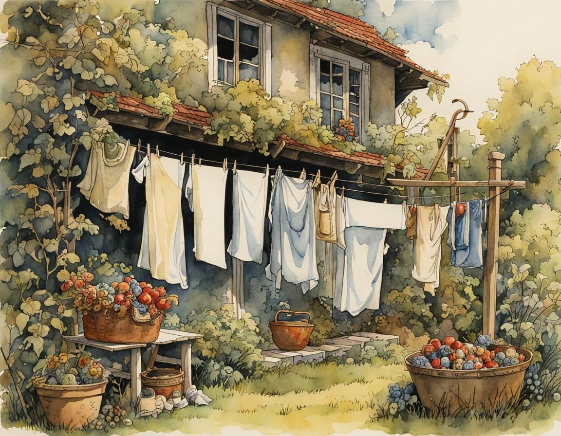Garden Laundry: Watercolor and Ink Illustration