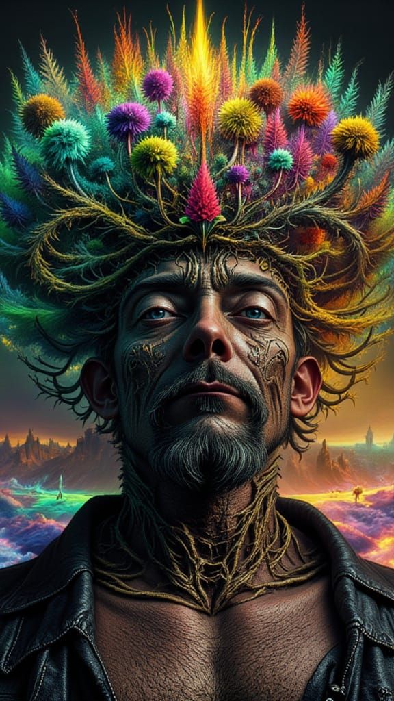 Fractal-Faced Man in Surreal Optical Illusion Dreamscape