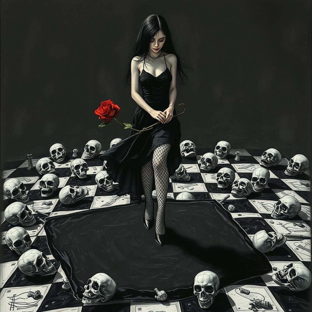 Goth Woman on Chessboard in Surreal Crayon Style