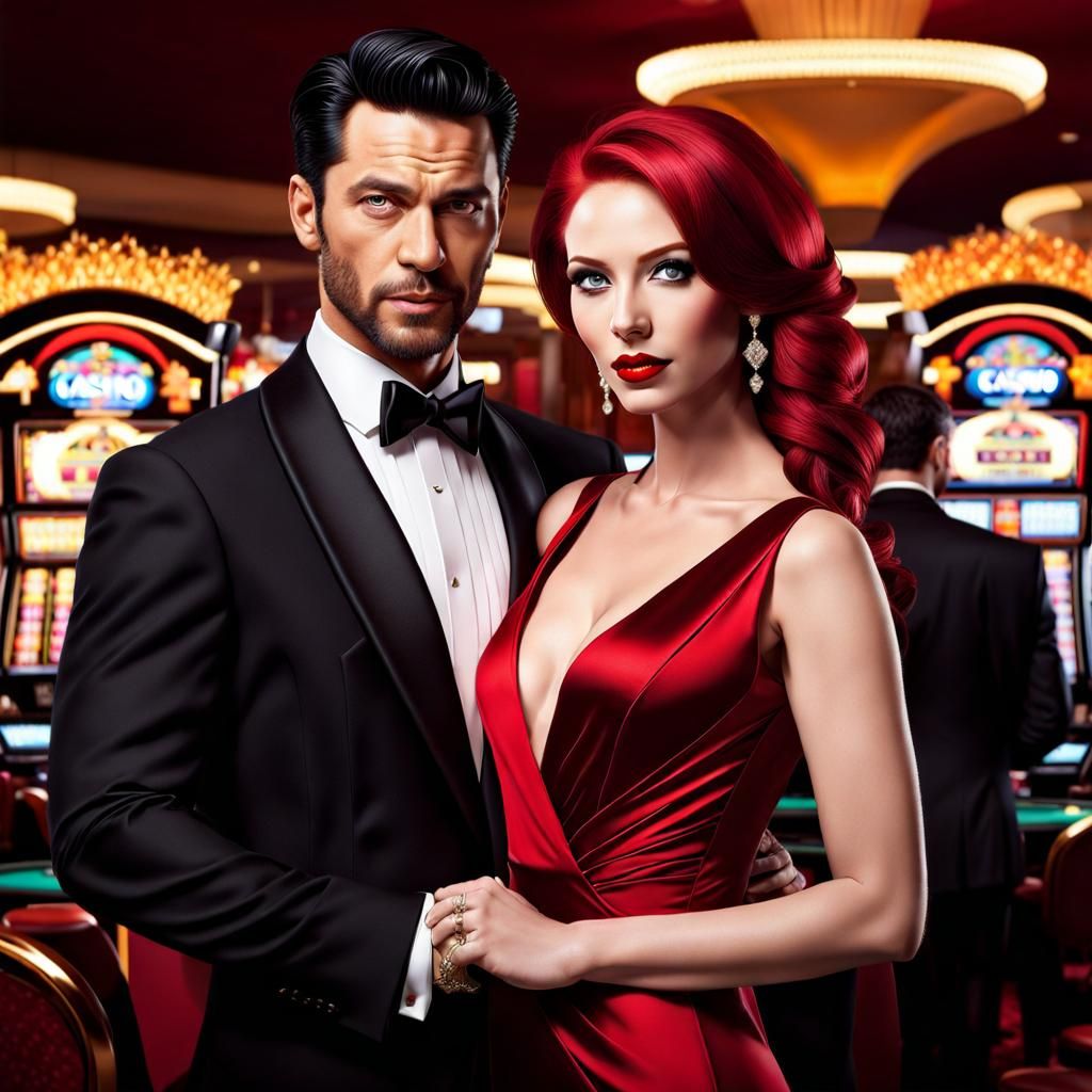 Woman in Red Dress with Tuxedoed Man