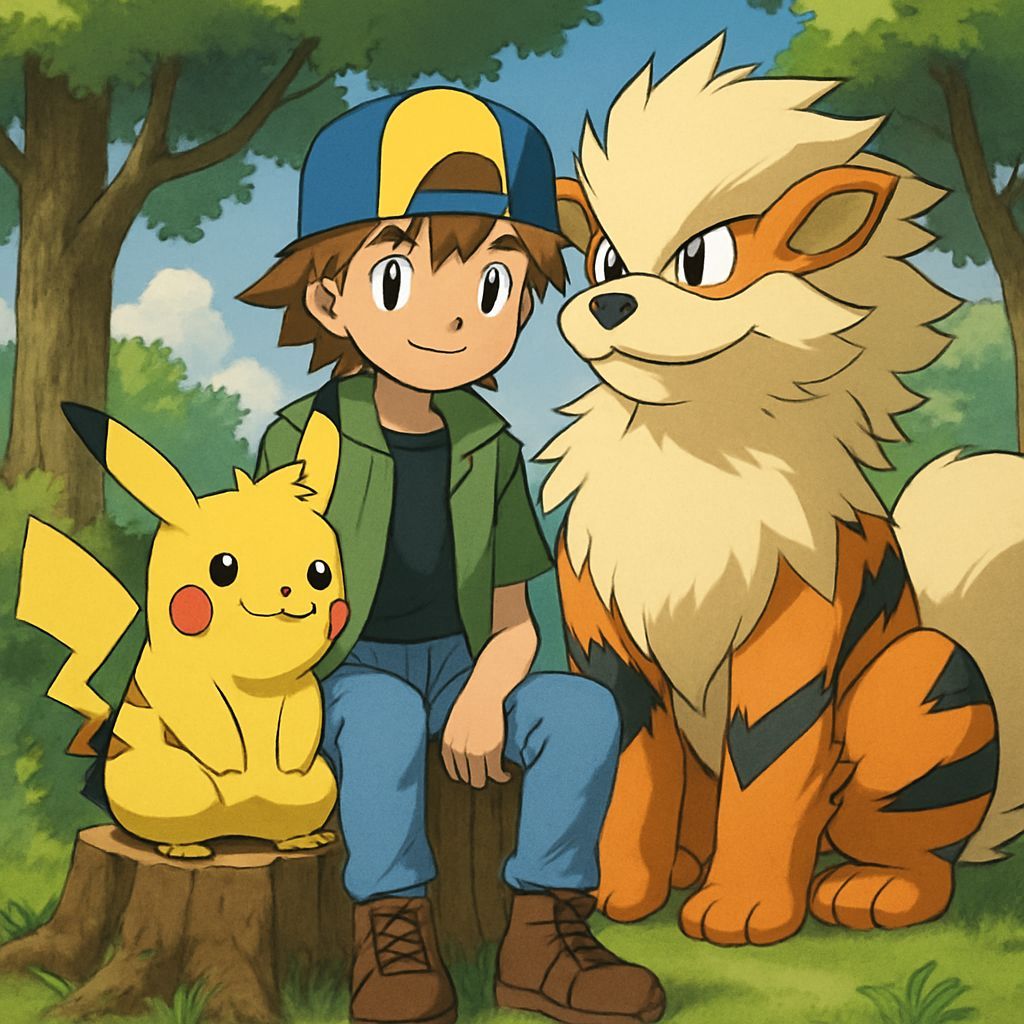 Pokemon Characters Ritchie, Sparky, and Azor on Tree Stump