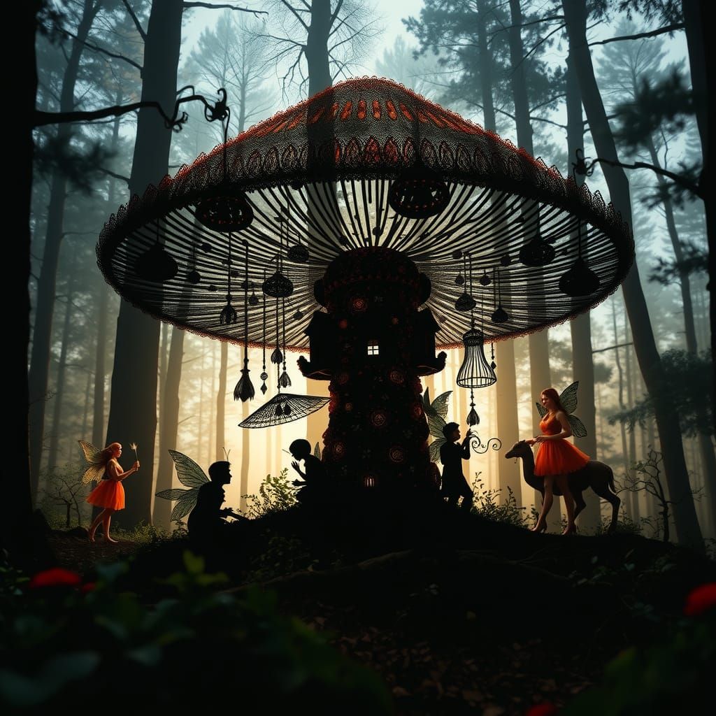 Double Exposure Mushroom Forest Fantasy Art