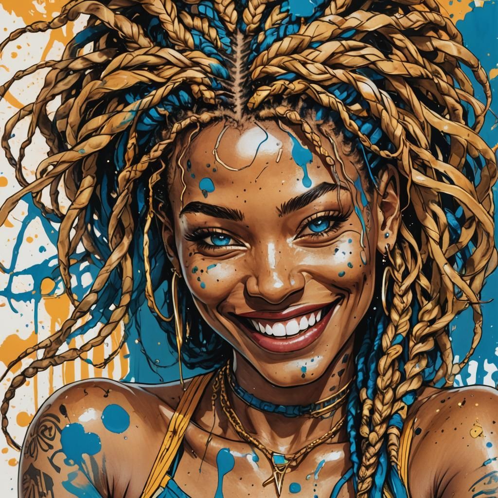 Golden Blue Girl: Cosmic Afrofuturism Concept Art