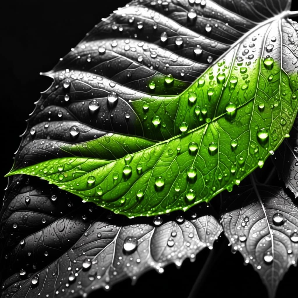 Striking Green Leaf Isolated on Black and White Background