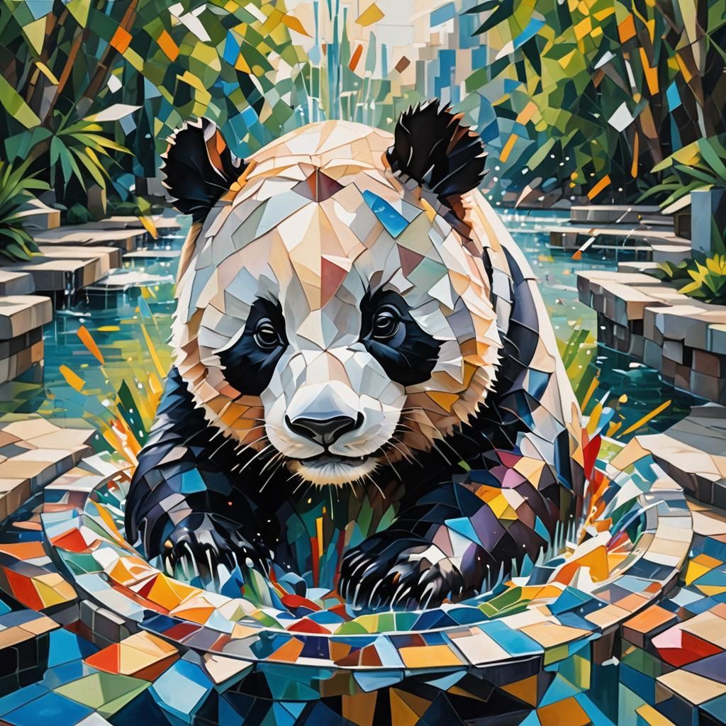 Cubist Panda Made of Water in City Park