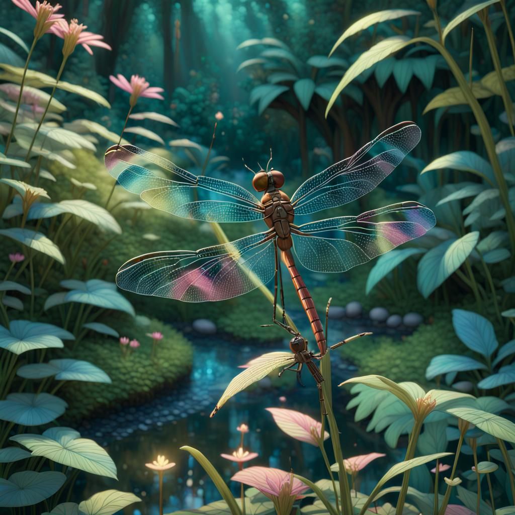 Delicate, highly detailed, iridescent dragonfly in the foreground of a detailed iridescent miniature garden, evoking the...