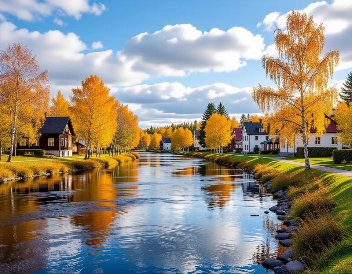 Autumn Village by River Photography