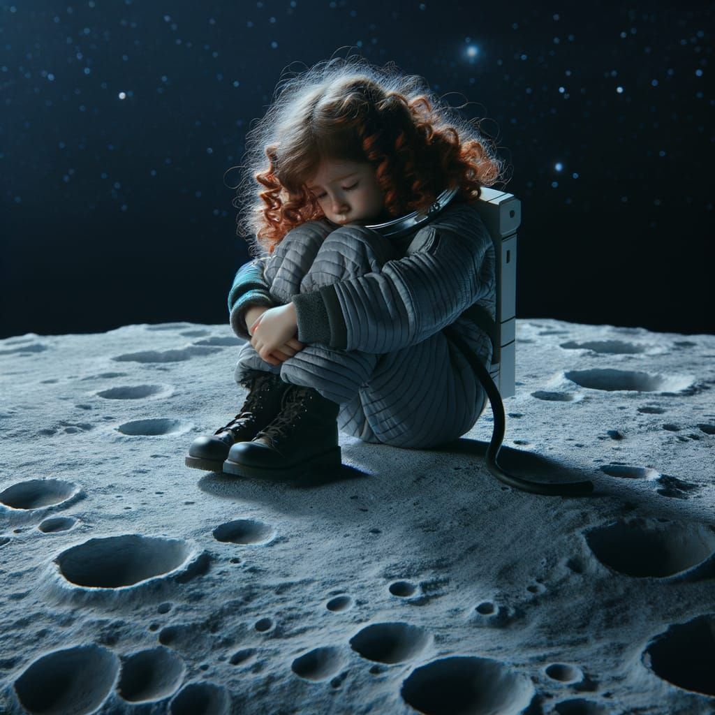 Melancholic Girl in Space Suit Sits on Moon Slice