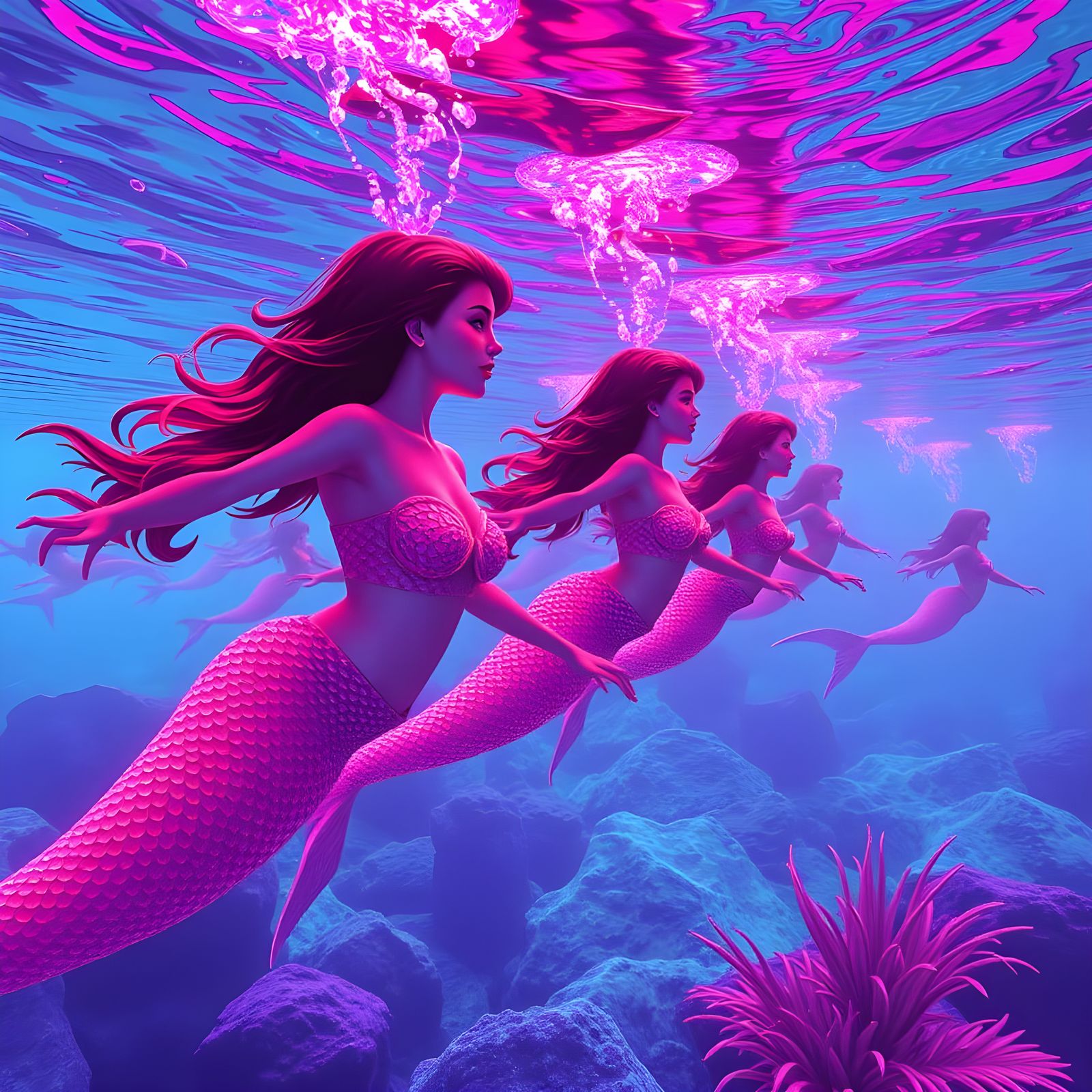 Neon Mermaids Swimming in Synthwave Depths