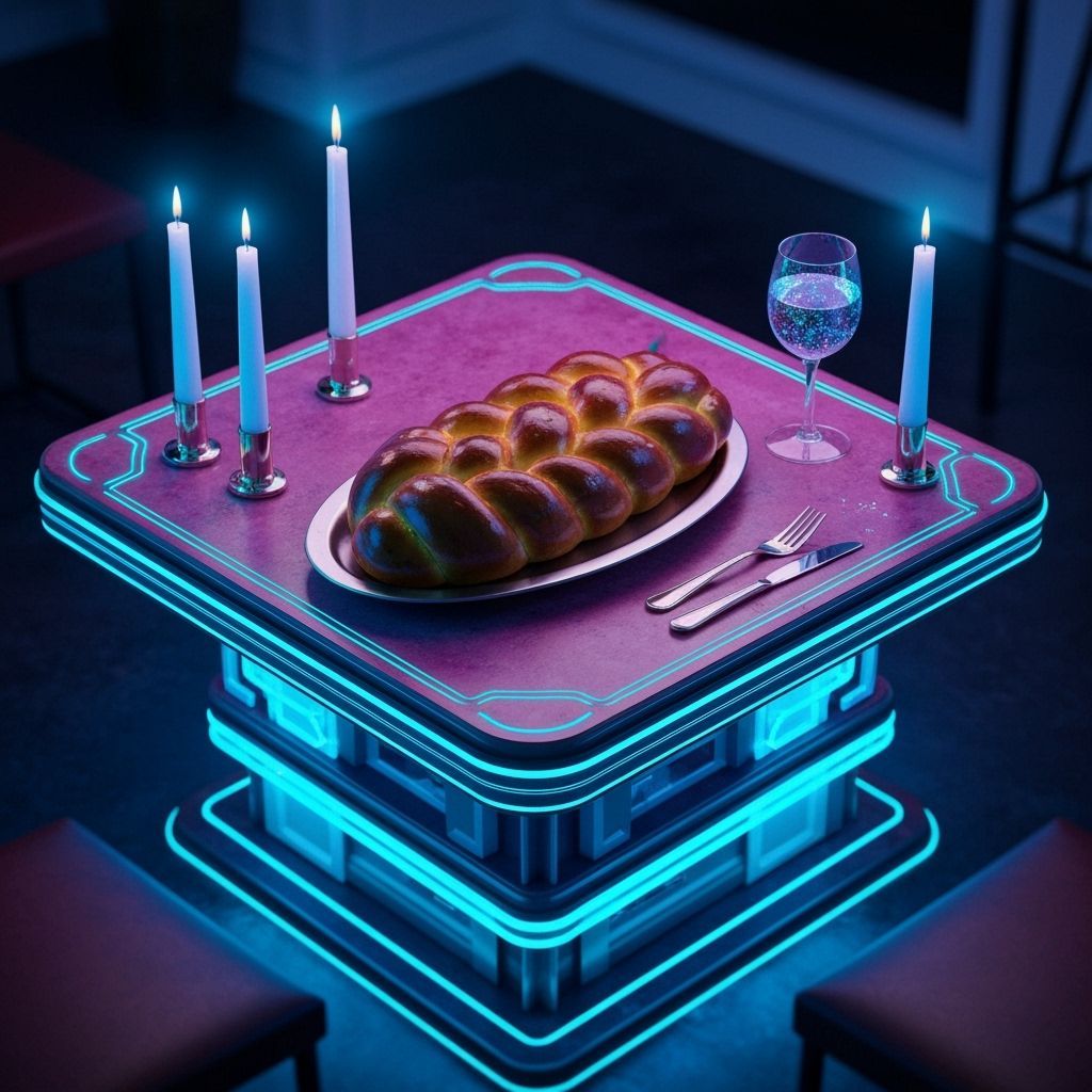 Neon Lit Shabbat Table in Futuristic Style