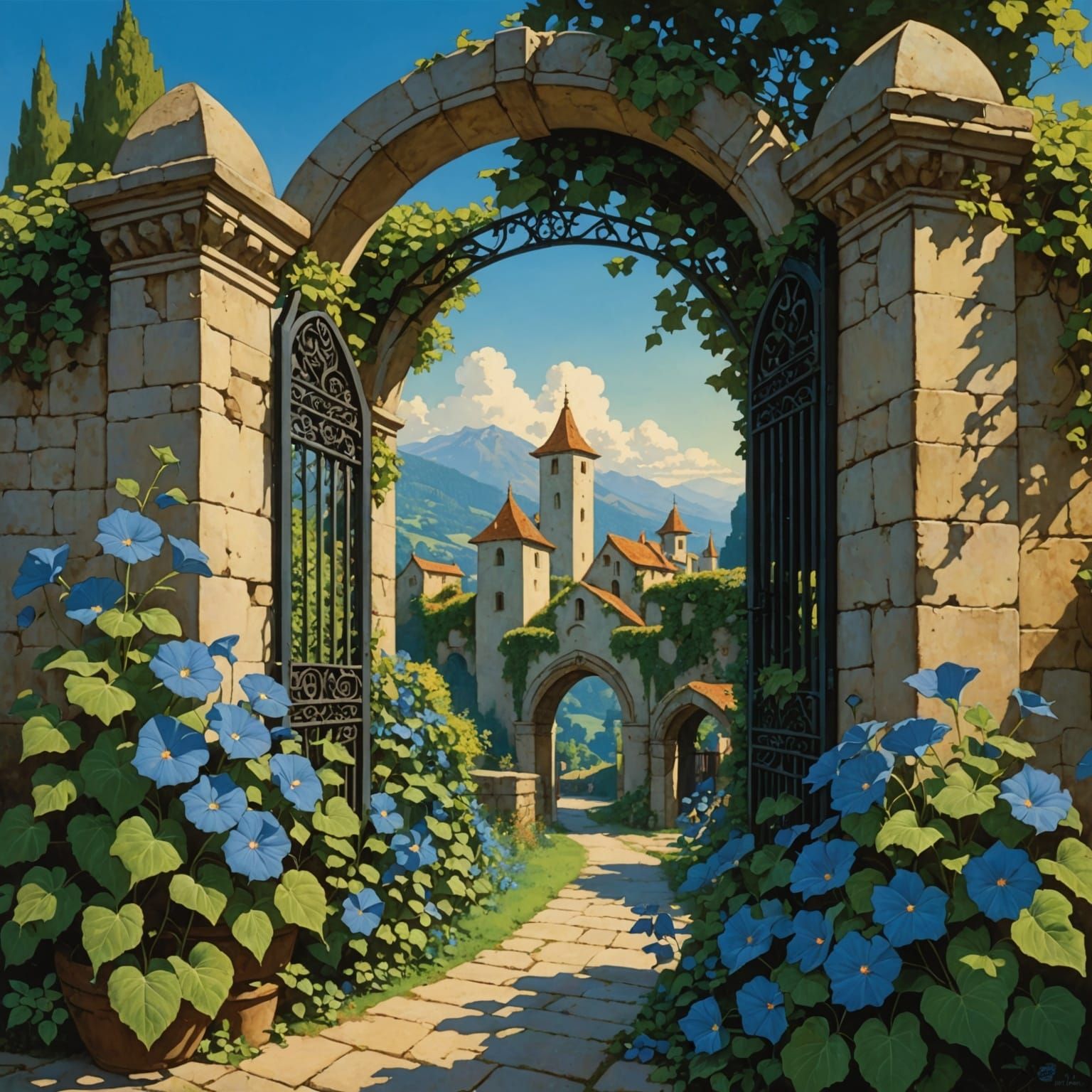 Medieval Gate with Morning Glories in Parrish Style