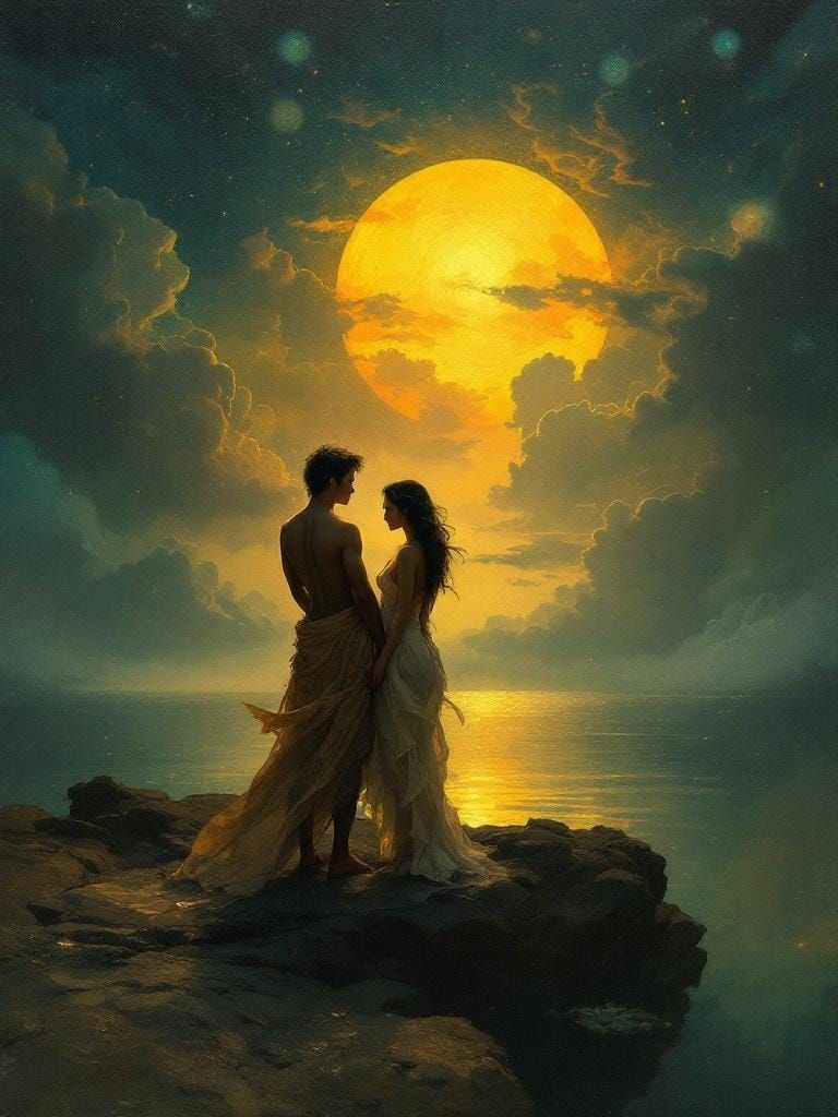 Tahitian Couple Enjoying Sunrise in Art Nouveau Style