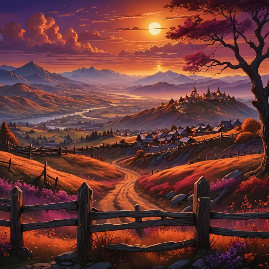 Vibrant Sunset Landscape with Wooden Fence