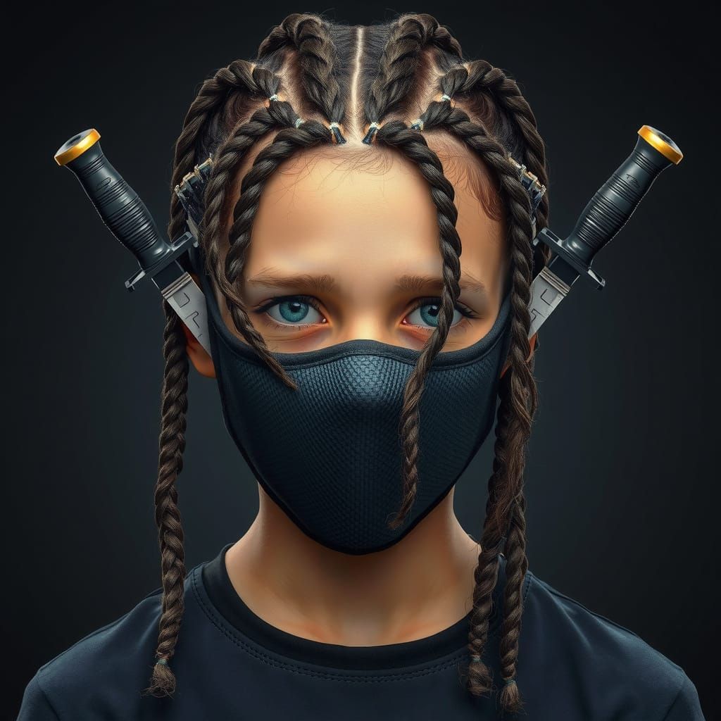 Boy with Carbon Fiber Mask and Knives: Photorealistic Image