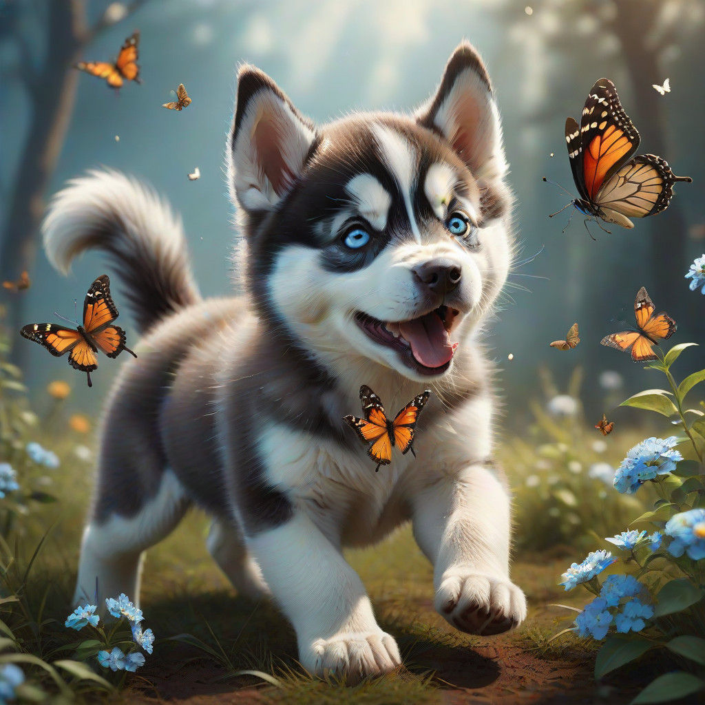 Epic Cinematic Husky Puppy Plays with a Delicate Butterfly