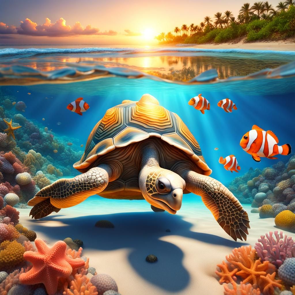 Mosaic Shelled Tortoise on Golden Hour Beach