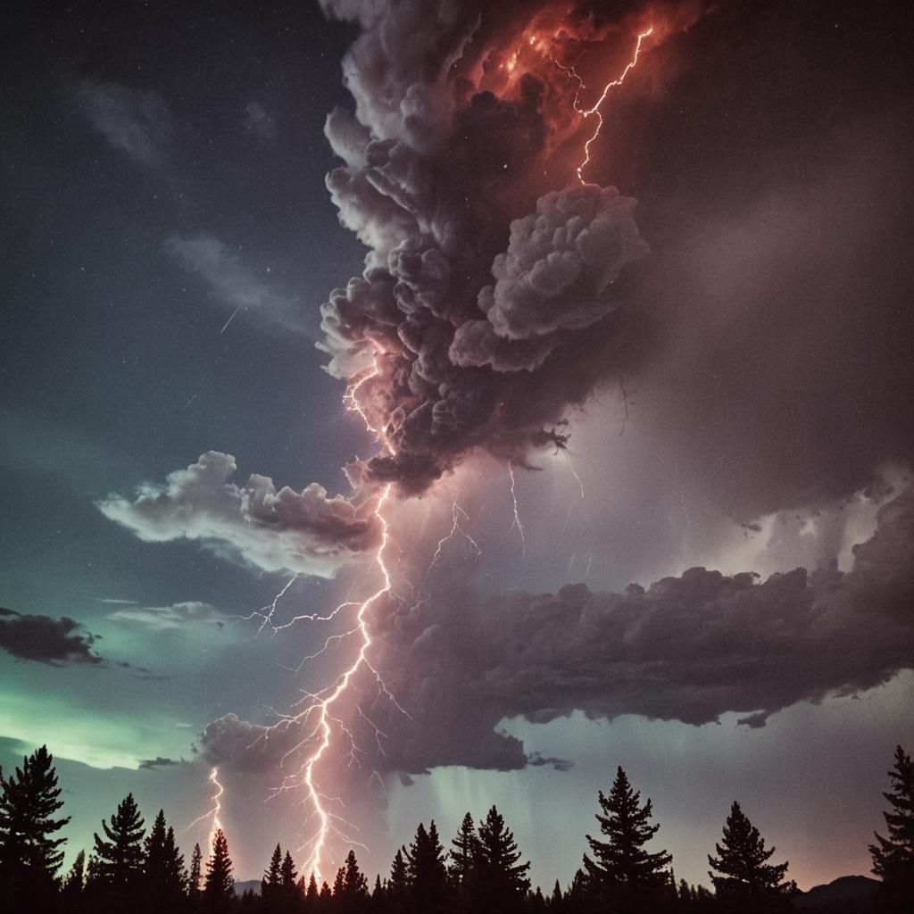 Dramatic Crimson Lightning and Aurora Skyscape