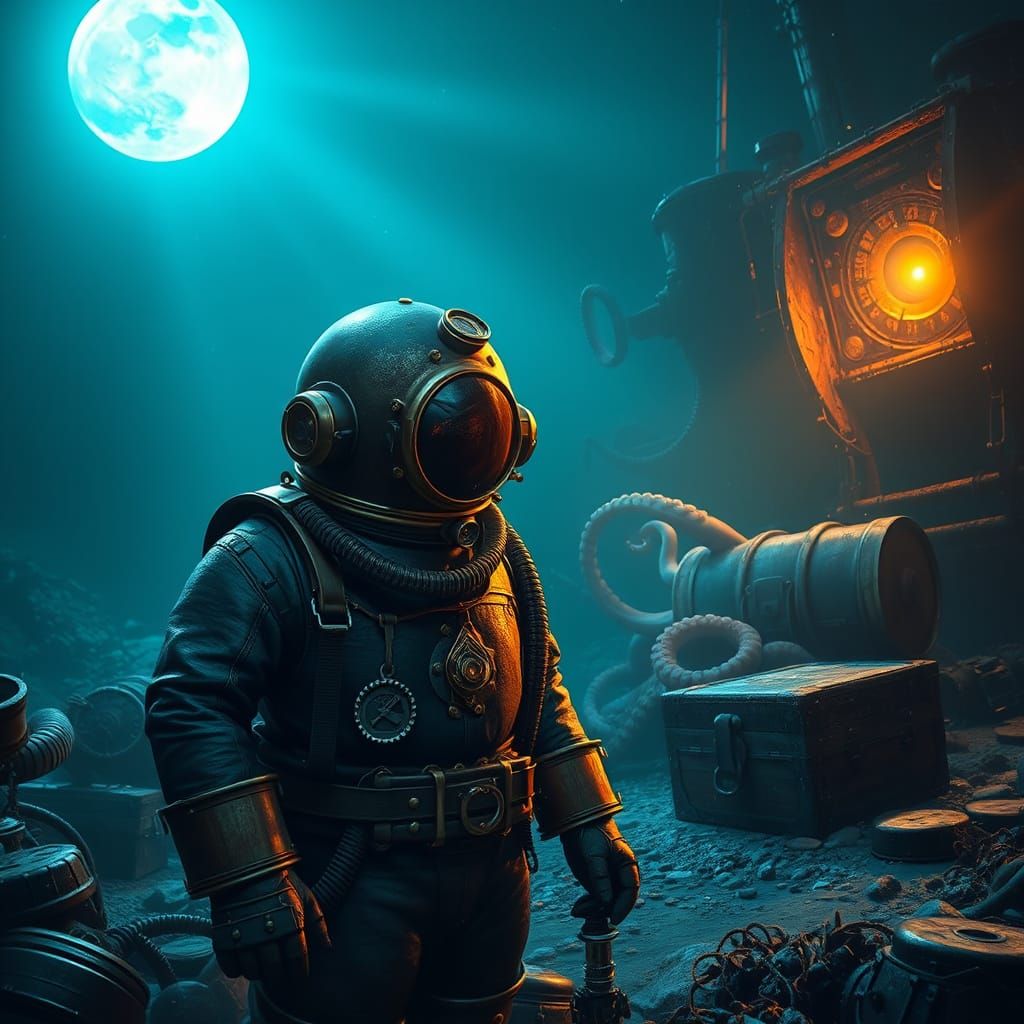 Majestic Diving Suit in Ocean Moonlight
