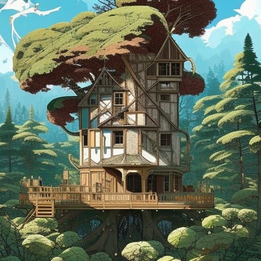 Forest Hut Relics in Solarpunk Victorian Style