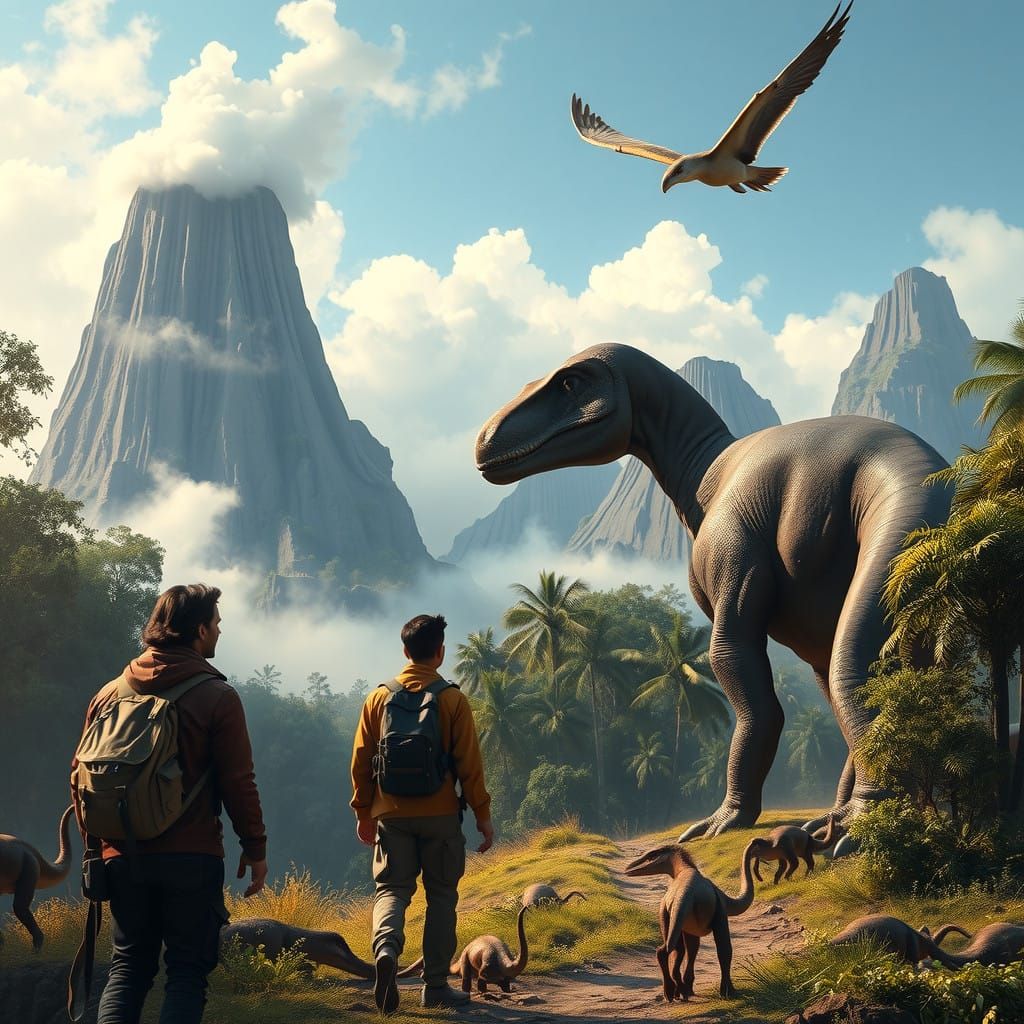 Time Travelers Encounter Prehistoric Wonders Amidst Volcanic...
