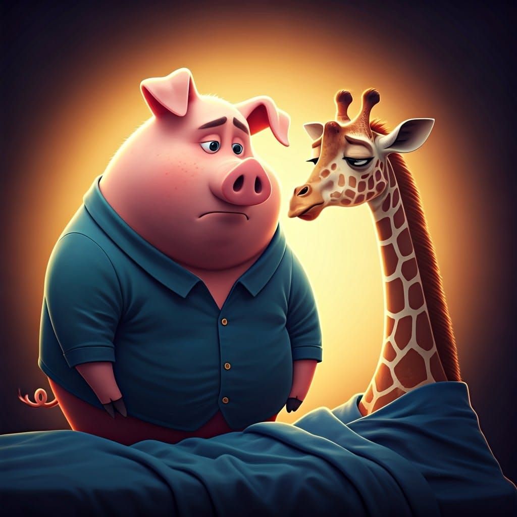 A Pig Tenderly Touches His Giraffe Wife's Forehead in a Hear...